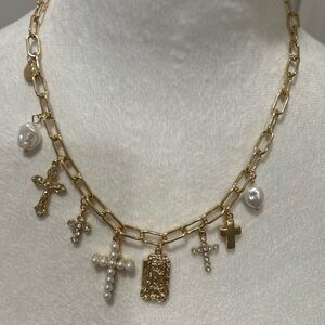 Gold Charm Necklace with Cross and Pearl Accents
